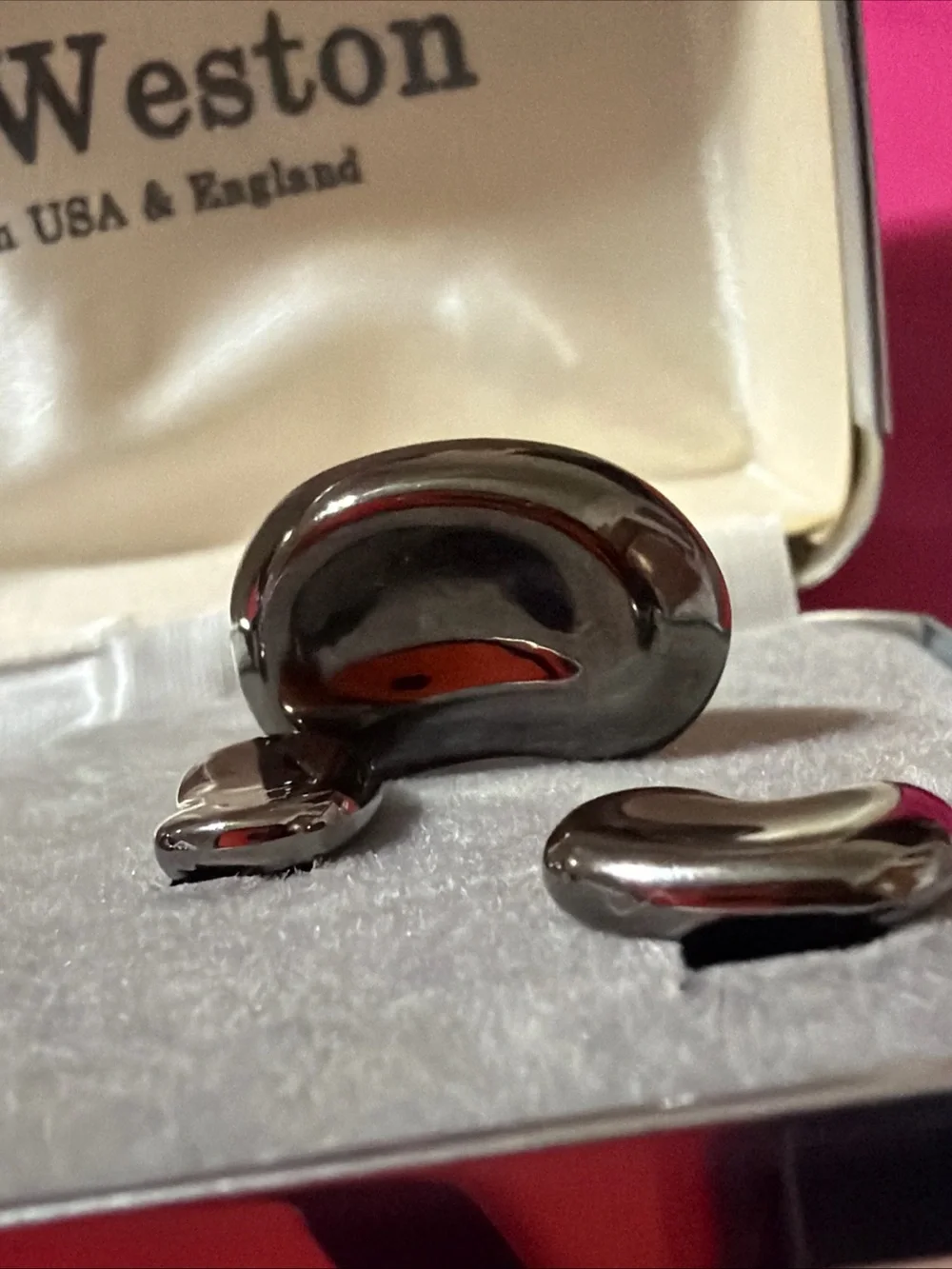 JJ Weston Gunmetal Kidney Bean Cuff Links and Stud Set Vintage New in Box